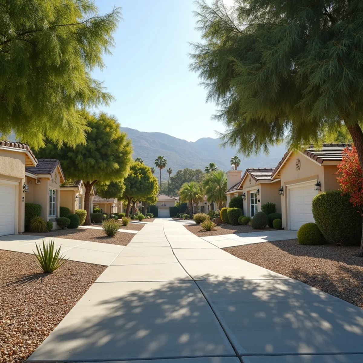 Typical residential streets and homes in Redlands, CA