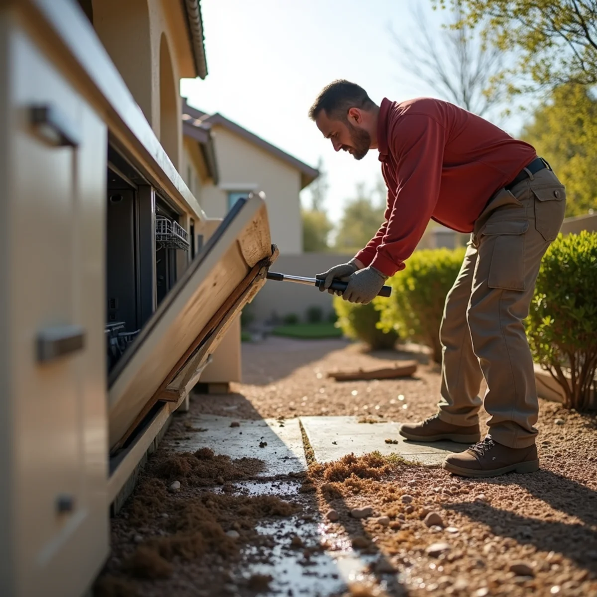 Restoration crew performing appliance leak water damage restoration in a Menifee, CA property
