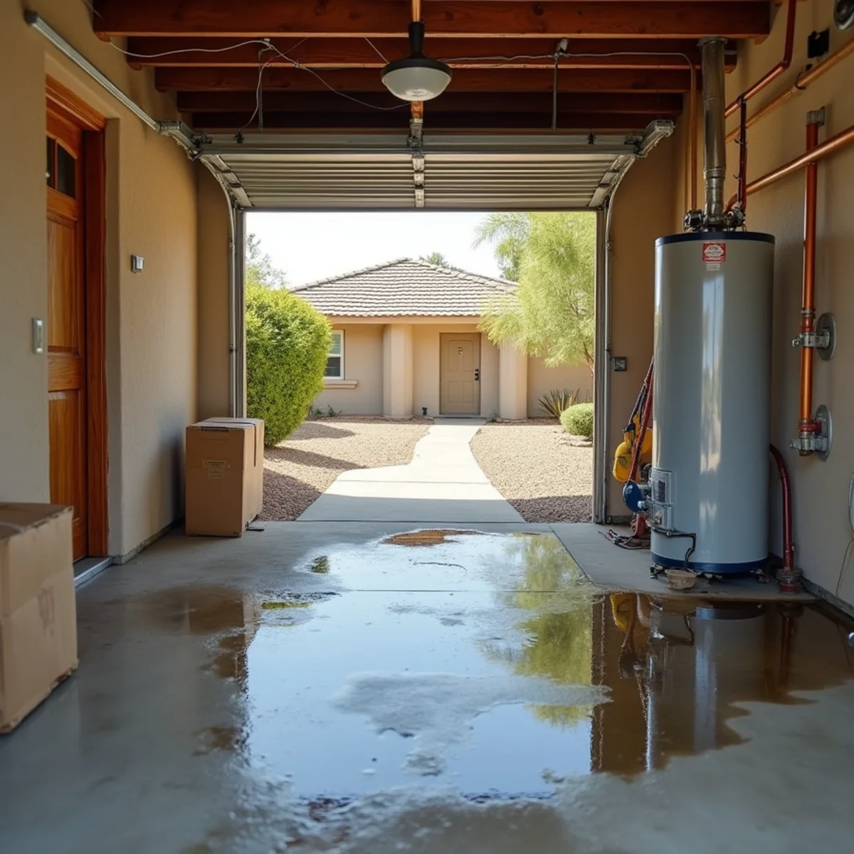 Failed water heater leaking onto a garage floor in a Menifee, CA home