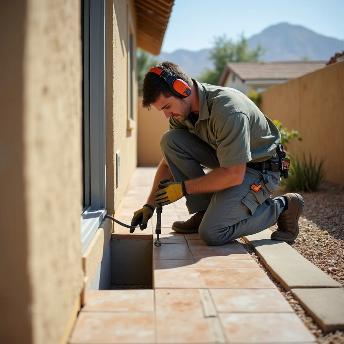 Technician locating a slab leak under a concrete floor in a Menifee, CA tract home