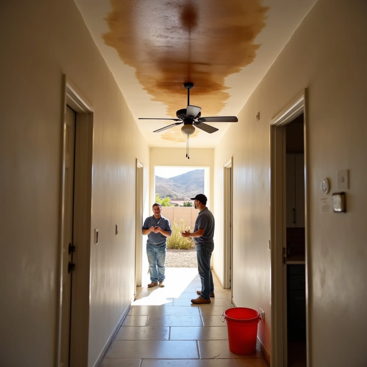 Water-stained and sagging ceiling drywall in a Menifee, CA home caused by an attic leak
