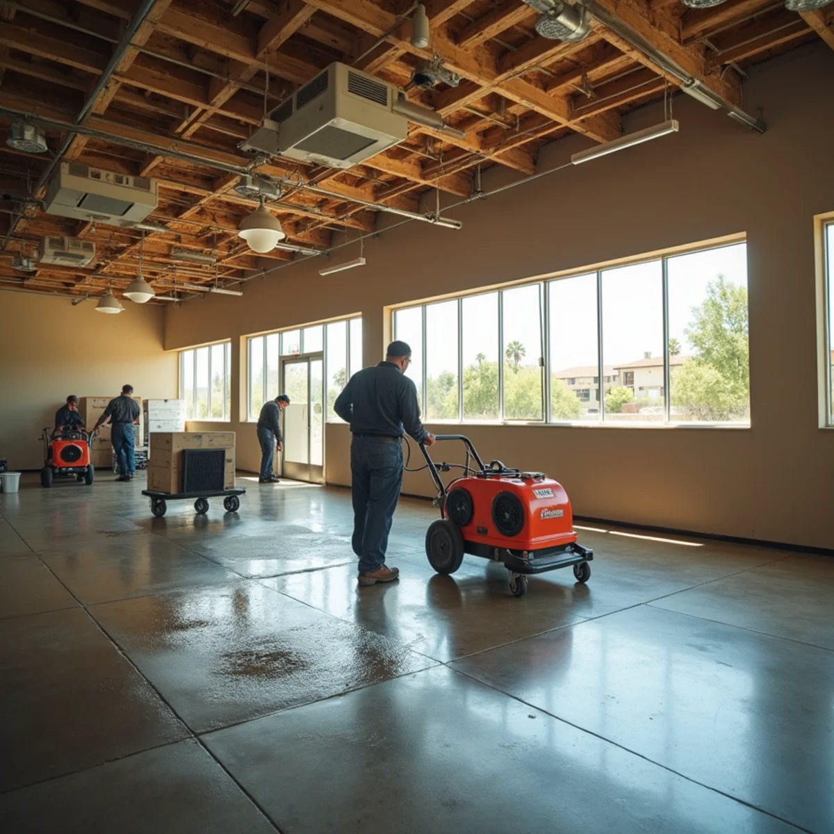 Commercial water damage restoration equipment drying a retail space in Menifee, CA