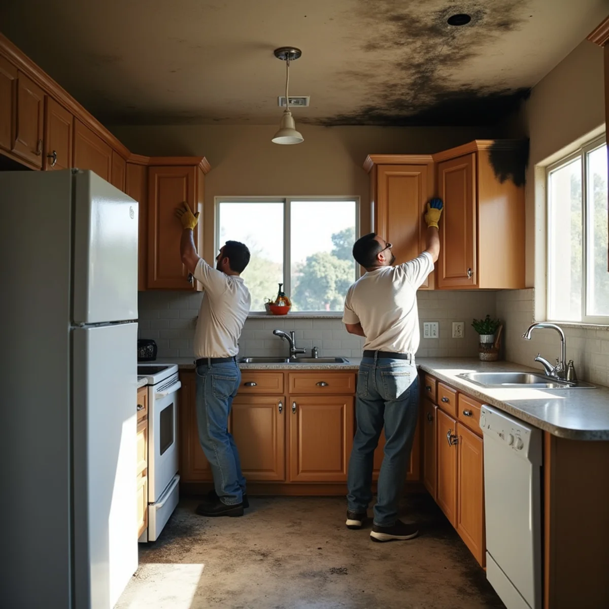 Restoration crew performing fire and smoke damage restoration in a Menifee, CA property