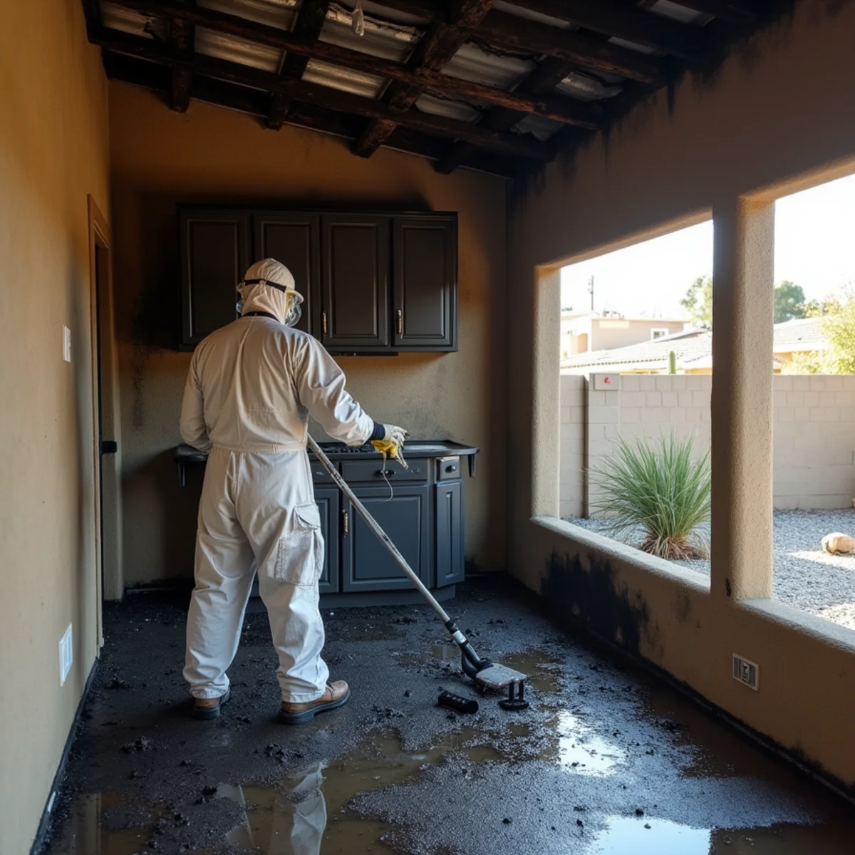 Fire and smoke damage restoration crew cleaning soot from a Menifee, CA home interior