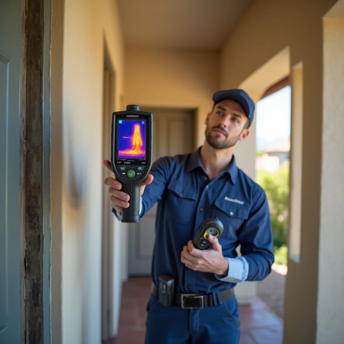 Technician using a thermal imaging camera to locate a hidden water leak in a Menifee, CA home