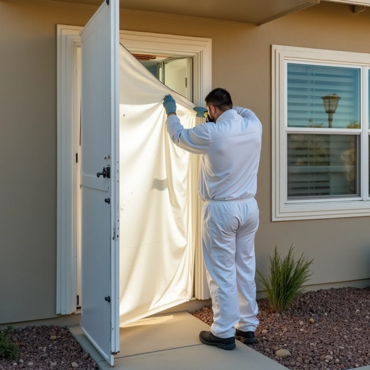 Sewage cleanup technician in protective equipment setting containment in a Menifee, CA home