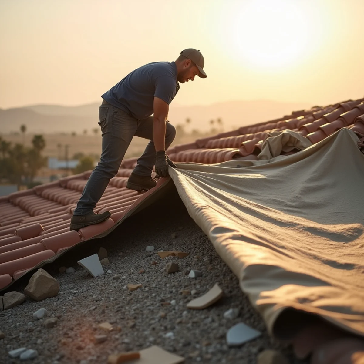 Storm damage restoration crew tarping a wind-damaged roof on a Menifee, CA home
