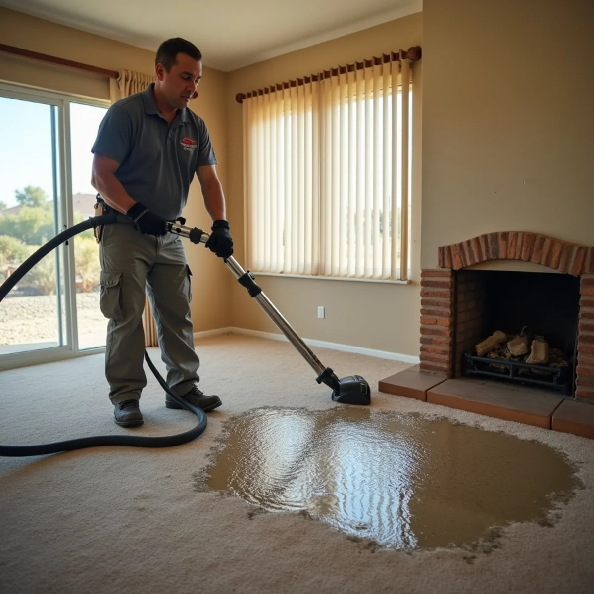 Water damage restoration technician extracting water from a flooded Menifee, CA living room