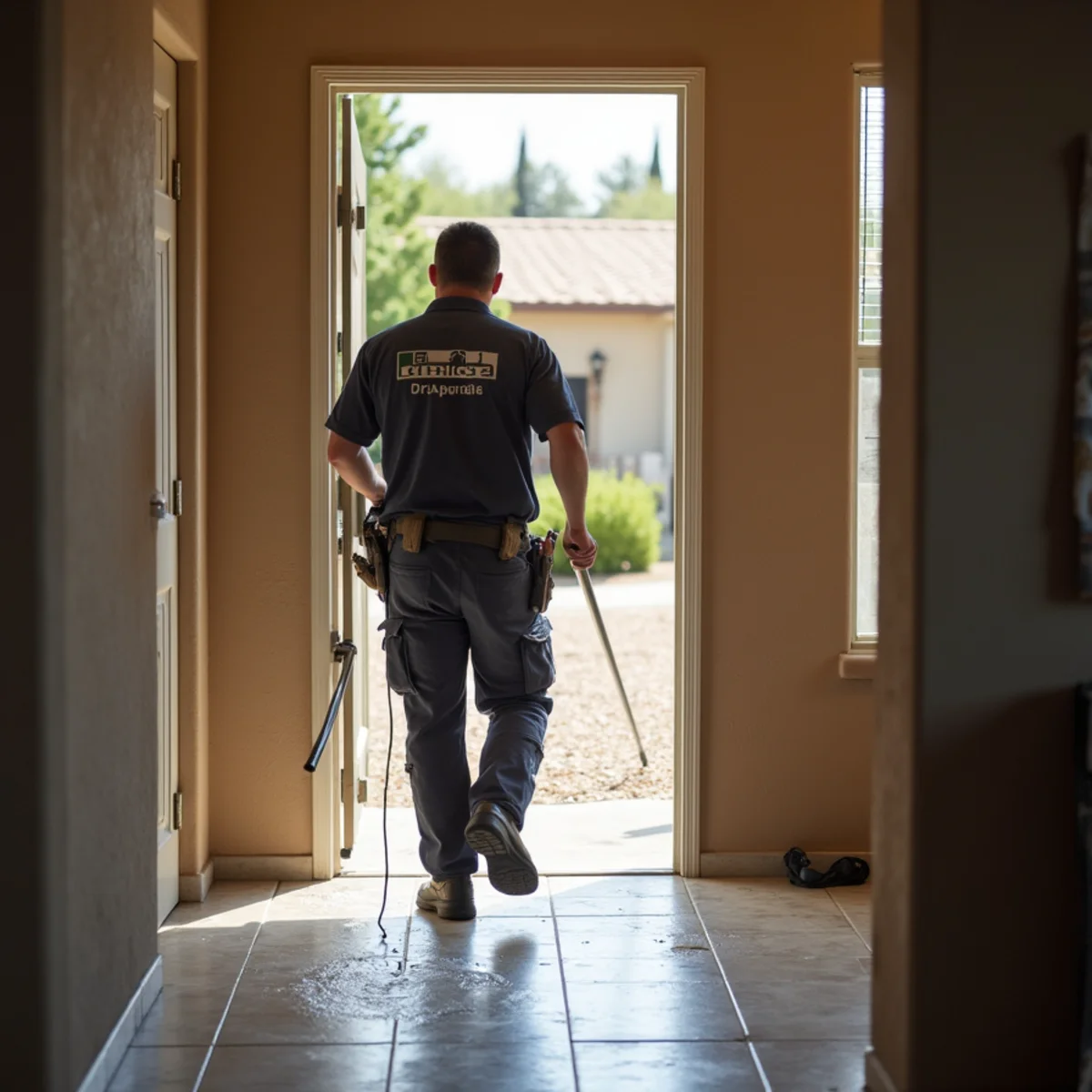 Restoration technician arriving at a Menifee, CA home for an emergency water damage call