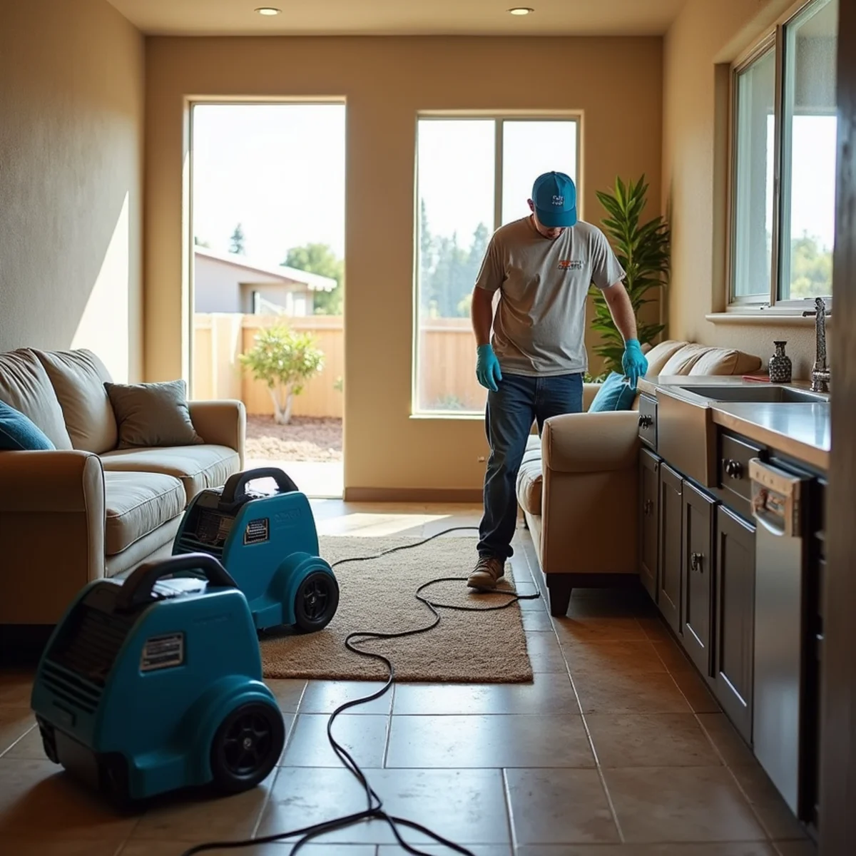 Air movers and dehumidifier drying a water damaged room in Menifee, CA