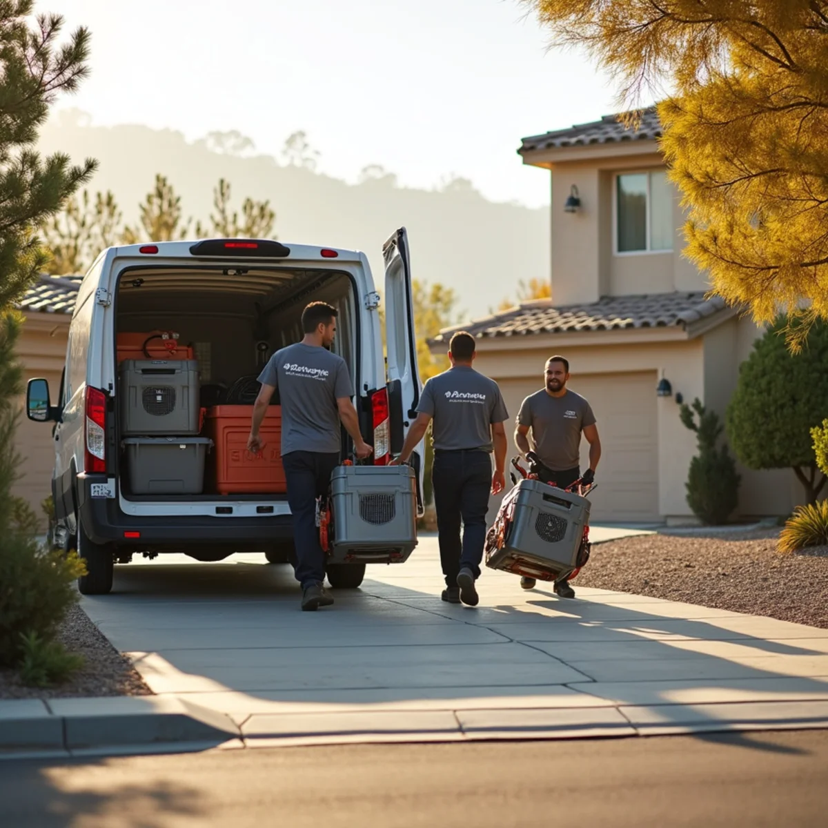 Water damage restoration crew unloading drying equipment at a Menifee, CA home